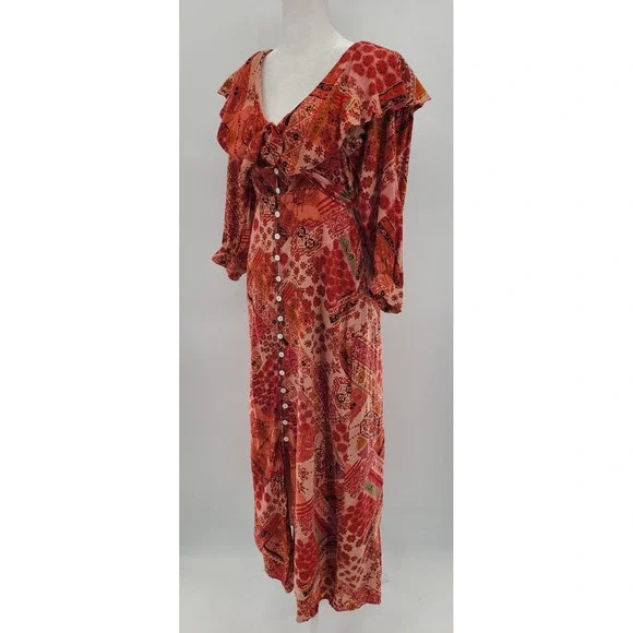 Free People Lennon Boho Maxi Wrap Dress Size XS Ruffle Long Sleeve Patchwork - Picture 10 of 12